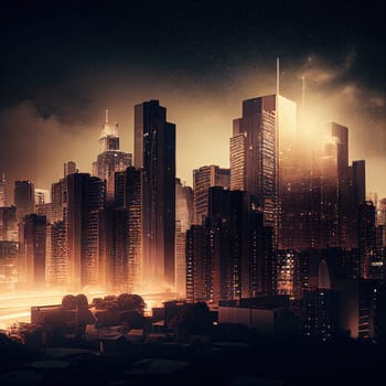 A futuristic metropolis skyline illuminated with neon glow and reflections. AI Generative