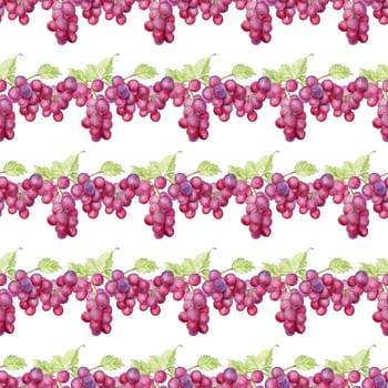 Watercolor red grape, branch on white background.Seamless pattern.