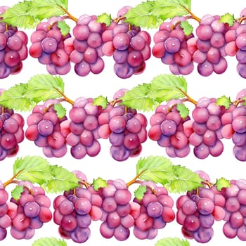 Watercolor red grape, branch on white background.Seamless pattern.