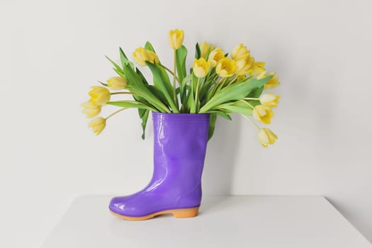 The yellow tulips in the violet rubber boots