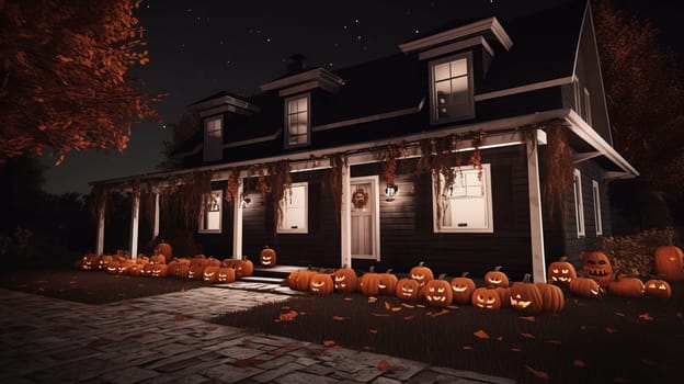 Night view of a house in autumn with halloween pumpkins. Ai generative