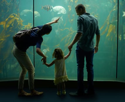Family, aquarium and holding hands while pointing at fish for learning, curiosity or knowledge, bonding or care. Father, fishtank and girl with mother watching marine animals underwater in back view