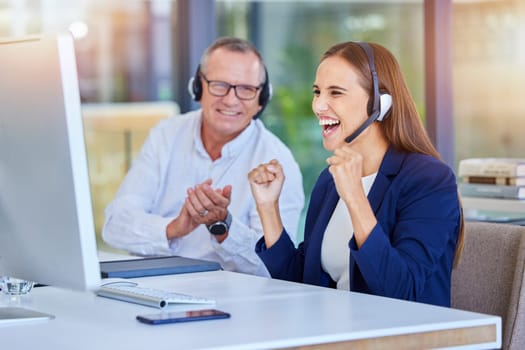 Teamwork, call center or success deal on computer for customer service, contact us support or CRM consulting. Celebration, consultation or communication for wow, winner smile or happy telemarketing.