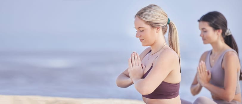 Yoga meditation, outdoor and women with space for fitness exercise, peace and wellness. Friends at beach for prayer workout, training and energy for mental health, chakra and zen mock up in nature.