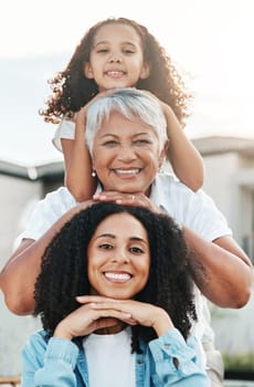 Portrait of happy family child, mother and grandmother bonding, smile and enjoy quality summer time together. Love, outdoor sunshine and generation face of people on vacation in Rio de Janeiro Brazil.