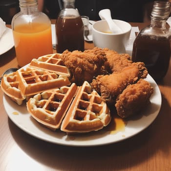 Fried chicken with waffles and syrup. Crispy homemade fried chicken on top of homemade buttermilk waffles with maple syrup. Chicken and waffles. AI Generated.