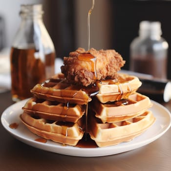 Fried chicken with waffles and syrup. Crispy homemade fried chicken on top of homemade buttermilk waffles with maple syrup. AI Generated