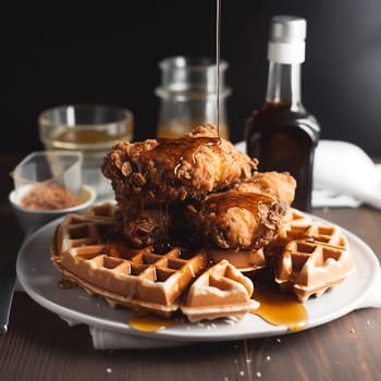 Fried chicken with waffles and syrup. Crispy homemade fried chicken on top of homemade buttermilk waffles with maple syrup. Chicken and waffles. AI Generated.