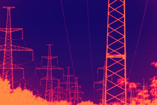 infrared view of high voltage tower. industrial view of high voltage lines.