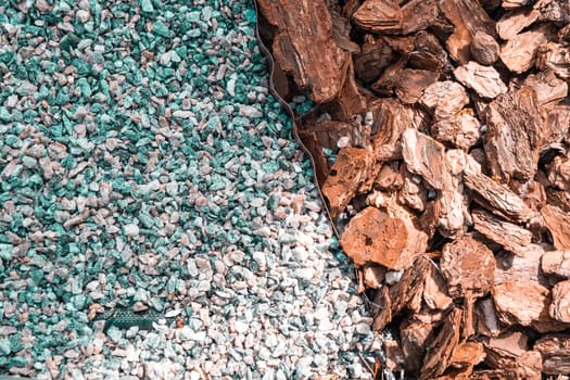 Sea pebbles and pine bark. landscape design background of pebbles and pine. copy space