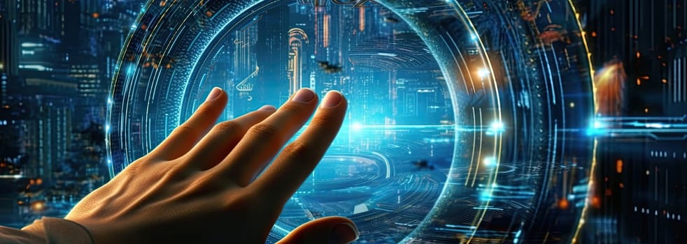 The human hand touches artificial intelligence. The concept of technology