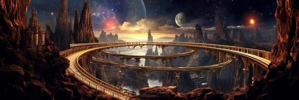 Bridge in the fantasy planet, mountains and night sky with stars and planets on background . AI Generative