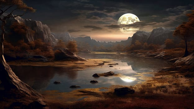 Fantasy landscape river on the foreground, moon and night sky with clouds on background . AI Generative