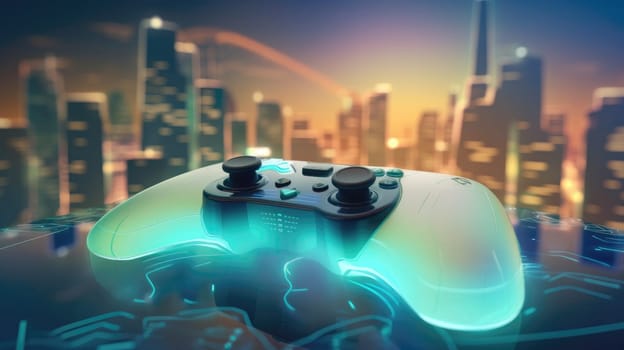 Gamer navigates virtual city on a wireless controller with a video game console.