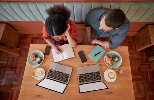 Working, coffee shop and laptops with mockup and business worker group planning a strategy. Table top, above and cafe work of a web design staff working on a ecommerce designer innovation project.