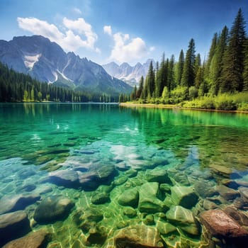 The crystal-clear water of the lake reflects the blue sky above, surrounded by lush greenery and mountains . Generative AI