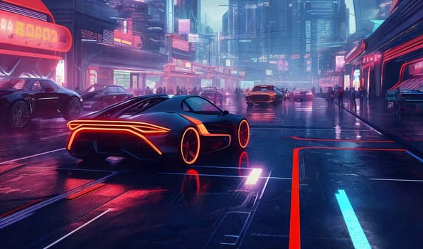 Futuristic cityscape with sleek, metallic buildings and road and cars on foreground. AI Generative