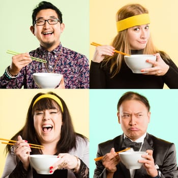 Who doesnt love noodles. Collaged shot of a diverse group of people standing in the studio and posing while eating with chopsticks