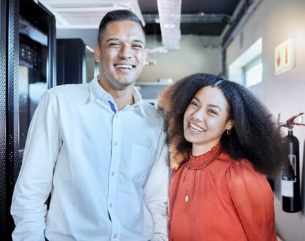 Coding team, computer networking server and tech support workers smile together in digital technology security company. Cyber security, data IT staff and cloud computing code programming storage room.