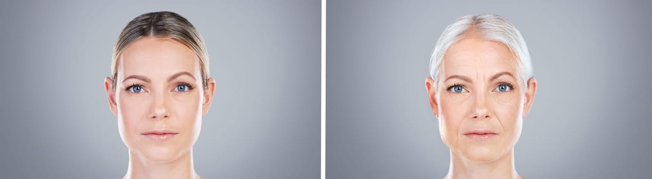 With passing years, the beauty of a woman grows. Composite shot of a before and after of the ageing process of a woman against a grey background