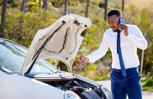 Phone call, car accident and insurance with black man in nature for roadside assistance, safety and emergency. Stress, angry and transportation with driver and vehicle breakdown for motor and help.