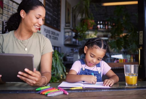 Coffee shop, family and child with a black woman doing remote work and her daughter coloring a book in a cafe. Tablet, freelance and art with a mother and happy female kid bonding in a restaurant.