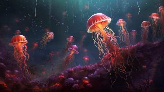 Jellyfishes underwater close-up, sunlight through the water. Generative AI