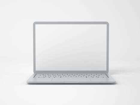 Open modern grey laptop with a blank white screen on a white background