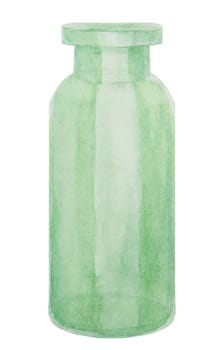 Watercolor green glass bottle. Clip art, drawing, sketch, illustration. Stylish original hand-drawn graphic for fashion, spa, beauty, cosmetic prints, medicine