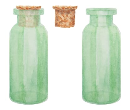 Watercolor green glass bottle. Clip art, drawing, sketch, illustration. Stylish original hand-drawn graphic for fashion, spa, beauty, cosmetic prints, medicine