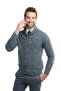 Phone call, portrait or business man happy for loan review, finance or invest for success. Smile, communication or manager on smartphone for networking, b2b network or planning in white background.