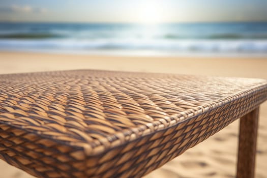 empty rattan table on the beach in summer.Montage style to dispaly the product. Ai generative