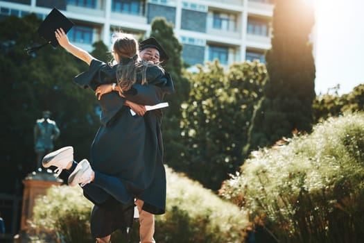 University, education and students hug at graduation with degree, diploma or certificate. Support, success and happy friends hugging, graduate or celebrate academic achievement or complete college