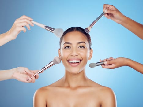 Cosmetic brush, woman and portrait for skincare, beauty tools and face treatment. Cosmetics, makeup artist and application brushed for dermatology and skin products in a studio with blue background.