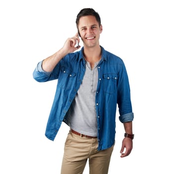 Phone call, happy and portrait of a man in a studio with a casual, stylish and cool outfit. Communication, smile and male model from Canada on a mobile conversation isolated by a white background