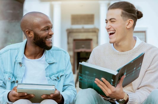 Students, learning and laughing with university, scholarship and education books on steps. Outdoor, friends and diversity of men in a conversation with a funny joke and books for study knowledge.