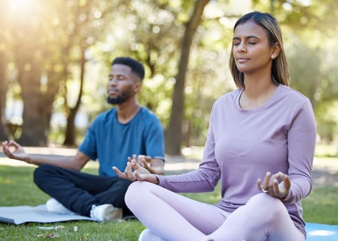 Mediation, peace and yoga class with people in park for relax, mindfulness and spirituality. Zen, fitness and wellness with black man and woman and training in nature for health, healing or gratitude.