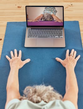 Computer, digital yoga and gym class of a woman fitness, exercise and wellness workout at home. Pilates, stretching and living room training video with technology streaming virtual health meditation.