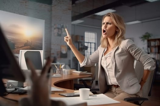 The director of the company is a woman, swears and yells at her subordinates. Generative AI. High quality illustration
