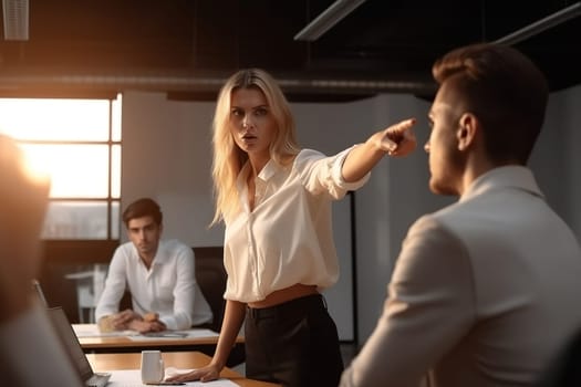 The director of the company is a woman, swears and yells at her subordinates. Generative AI. High quality illustration
