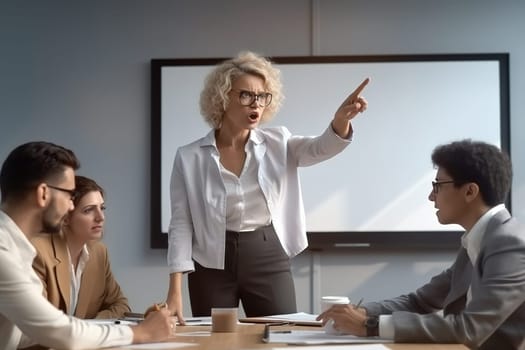 The director of the company is a woman, swears and yells at her subordinates. Generative AI. High quality illustration