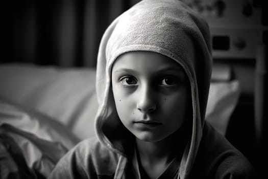 Portrait of a child with cancer in the clinic, a girl with lyukemia. Generative AI. High quality illustration