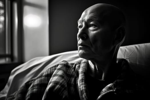 Portrait of a male cancer patient in the clinic, a man with leukemia. Generative AI. High quality illustration