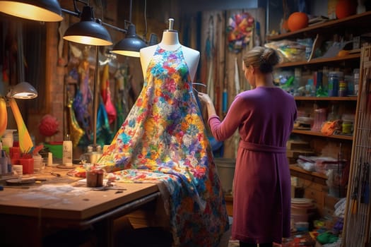 Fashion designer girl creates a new dress on a mannequin. Generative AI. High quality illustration