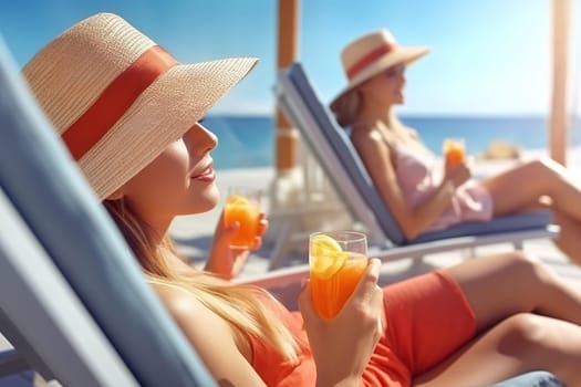 Girls on the beach drink juice and have fun. Generative AI. High quality illustration