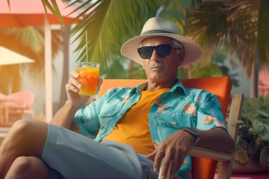 An adult man sits in a chair by the beach and drinks a cocktail. Generative AI. High quality illustration
