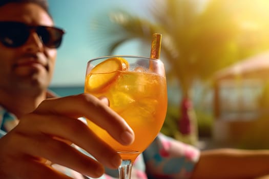A man on the beach drinks a cocktail. Generative AI. High quality illustration