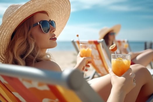 Girls on the beach drink juice and have fun. Generative AI. High quality illustration
