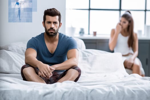 Upset man having problems in bed. Generative AI. High quality illustration