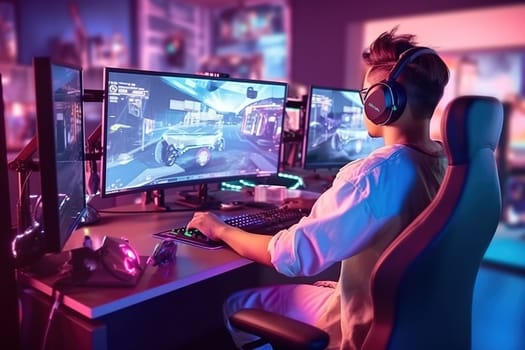 The guy plays a game on the computer in headphones. Generative AI. High quality illustration